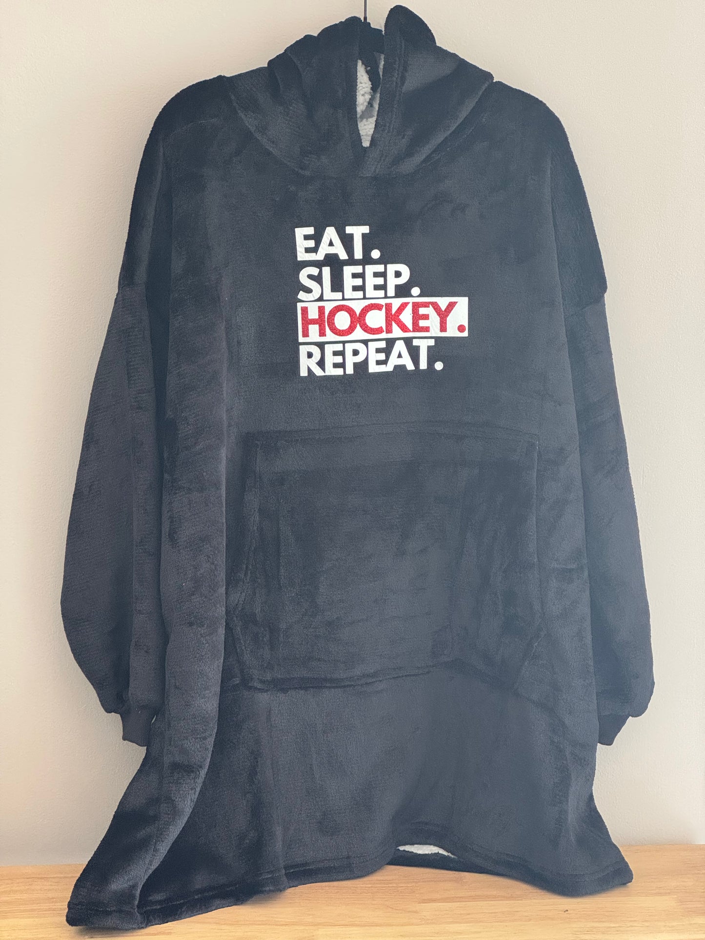 Eat. Sleep. HOCKEY. Repeat. Black Wearable Blanket