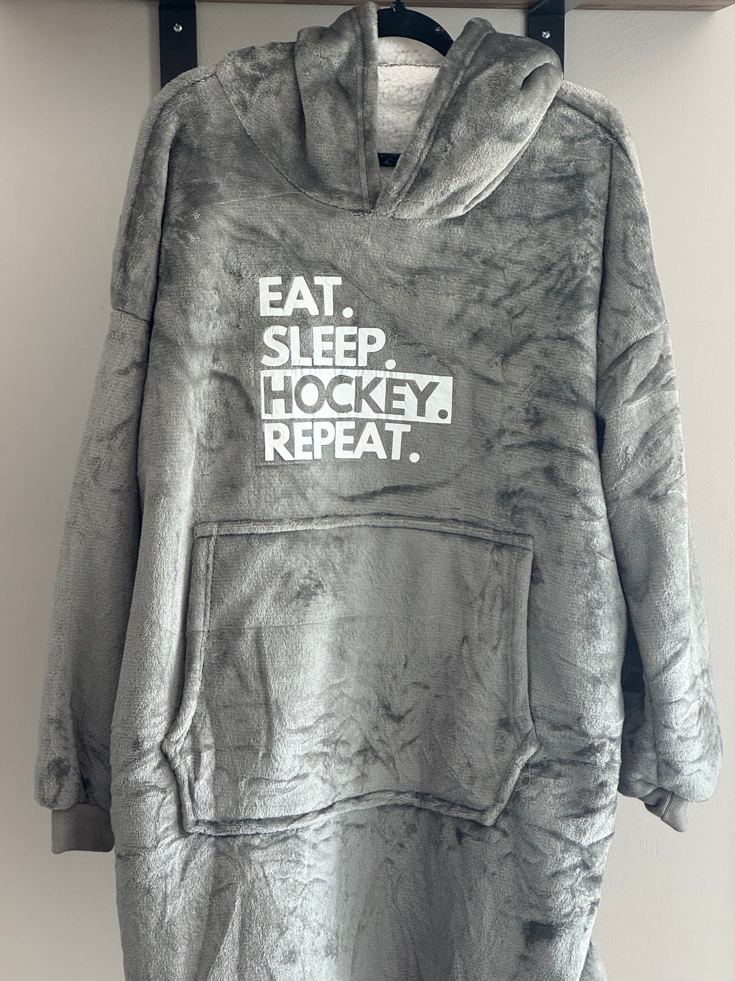 Eat. Sleep. HOCKEY. Repeat. Gray Wearable Blanket